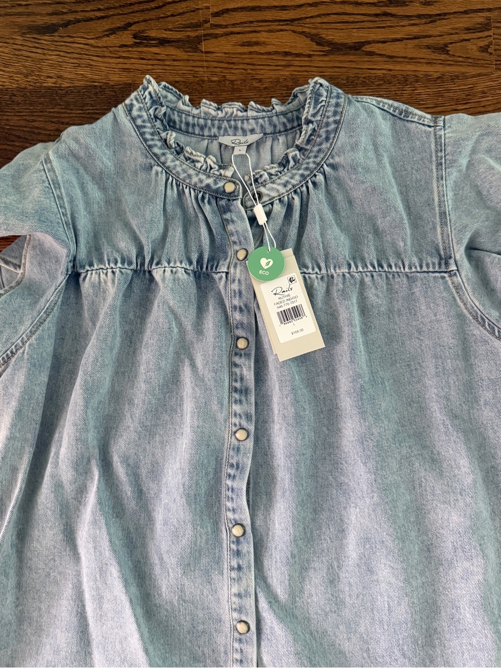 Rails Light Wash Denim Ruffle-Neck Cap Sleeve Blouse - Picture 2 of 3